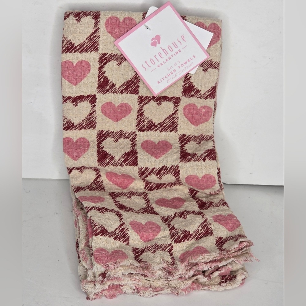 Storehouse Pink And Red Heart Checkered Pattern Kitchen Hand Towels Valentine